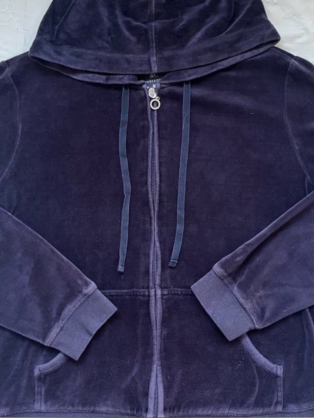 ny & co brand, y2k navy blue/violet velour zip up hoodie